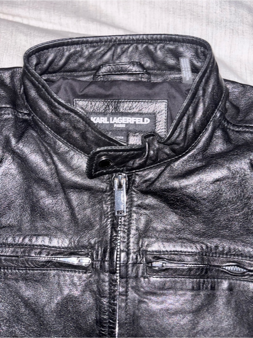 Karl Lagerfeld Black Leather Bomber Jacket